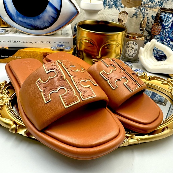 🆕 TORY BURCH 🧿 NWOT Double T Monogram Padded Leather Slide Sandals - Size US7 - Picture 3 of 13